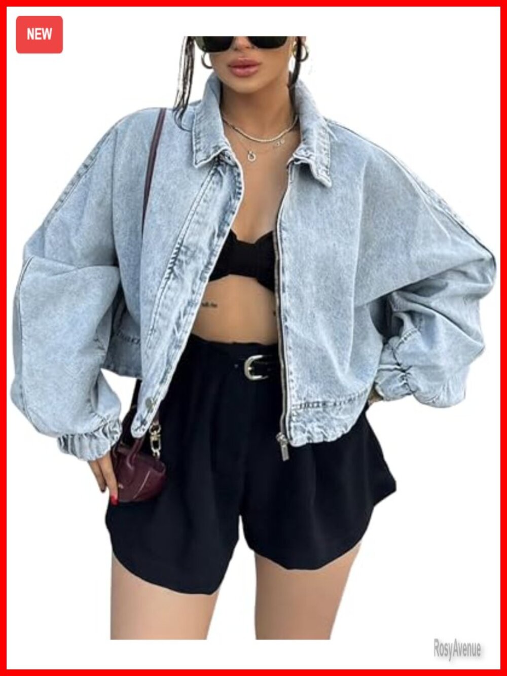 Oversized Cropped Denim Jacket Zip Up Light Wash for Women